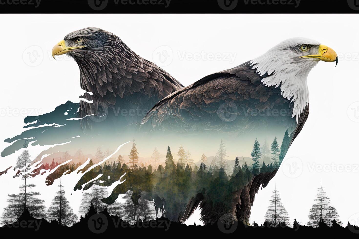 Bald eagle and the Pacific Northwest, double exposure photography. . Leader, courage, strong and brave, majestic lion. Scout photo