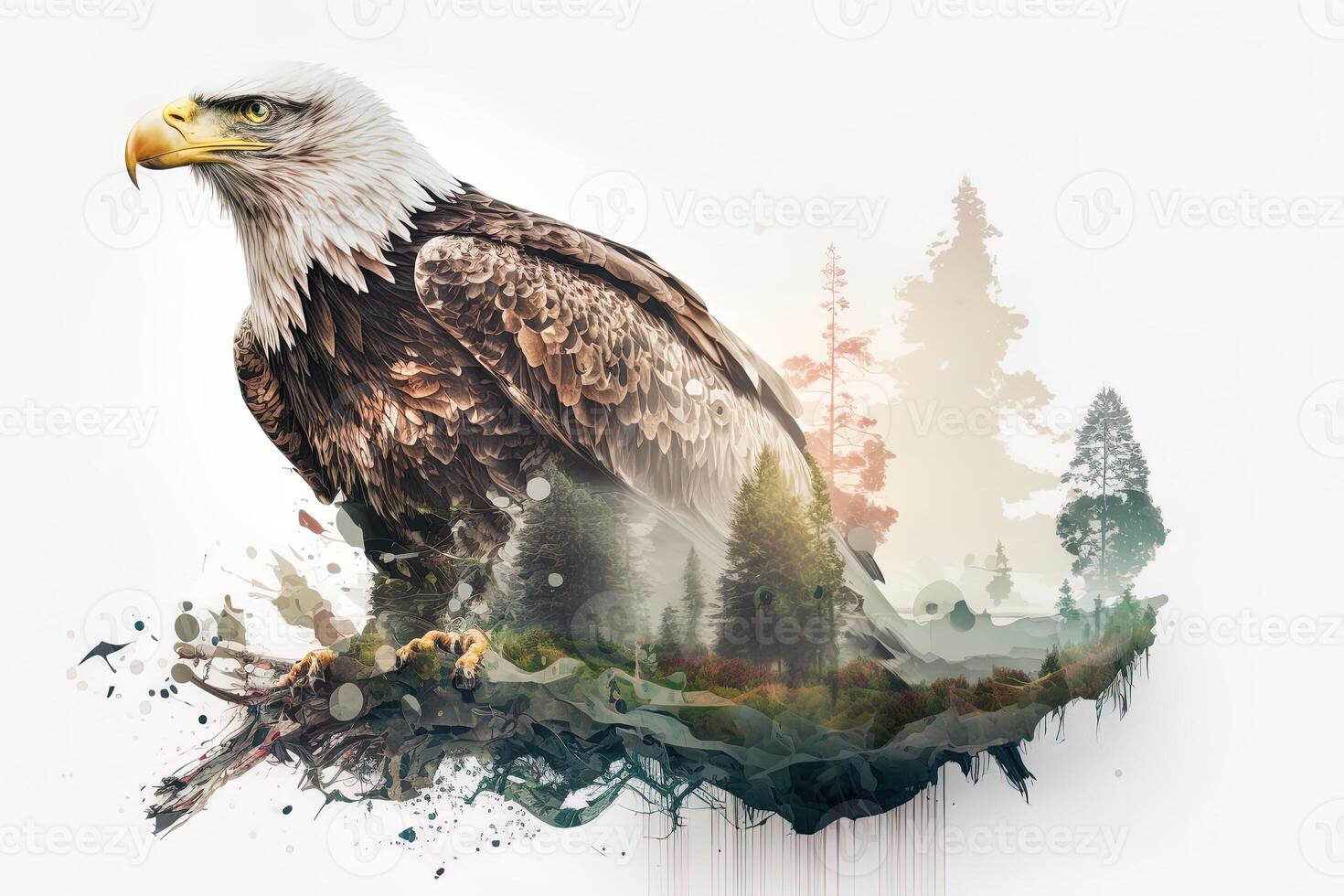 Bald eagle and the Pacific Northwest, double exposure photography. . Leader, courage, strong and brave, majestic lion. Scout photo