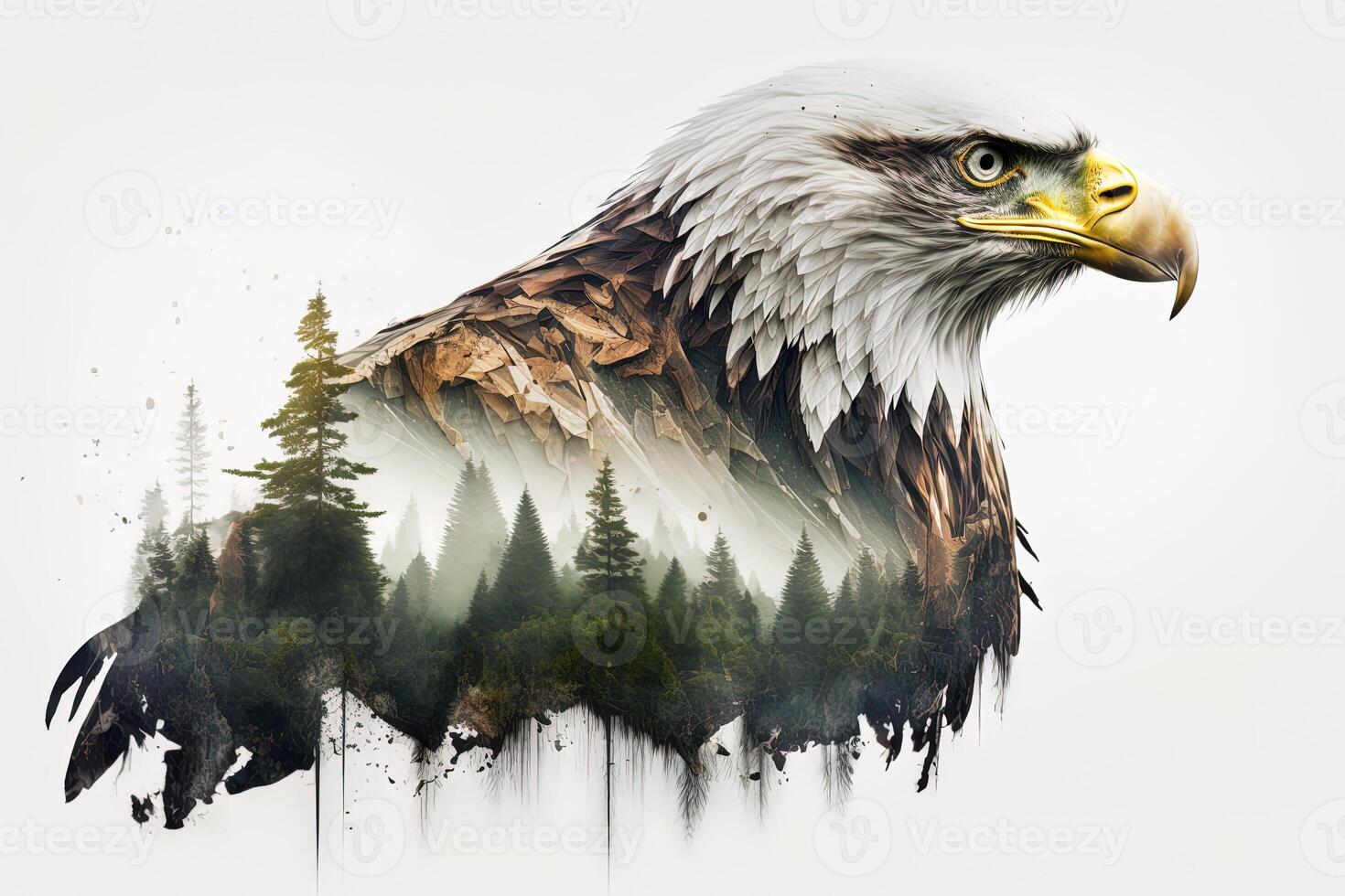 Bald eagle and the Pacific Northwest, double exposure photography. . Leader, courage, strong and brave, majestic lion. Scout photo