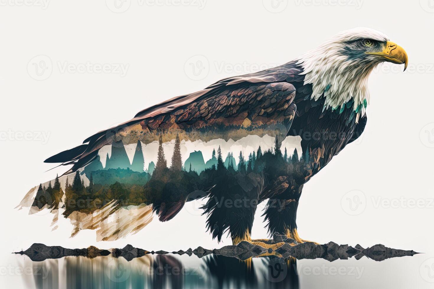 Bald eagle and the Pacific Northwest, double exposure photography. . Leader, courage, strong and brave, majestic lion. Scout photo