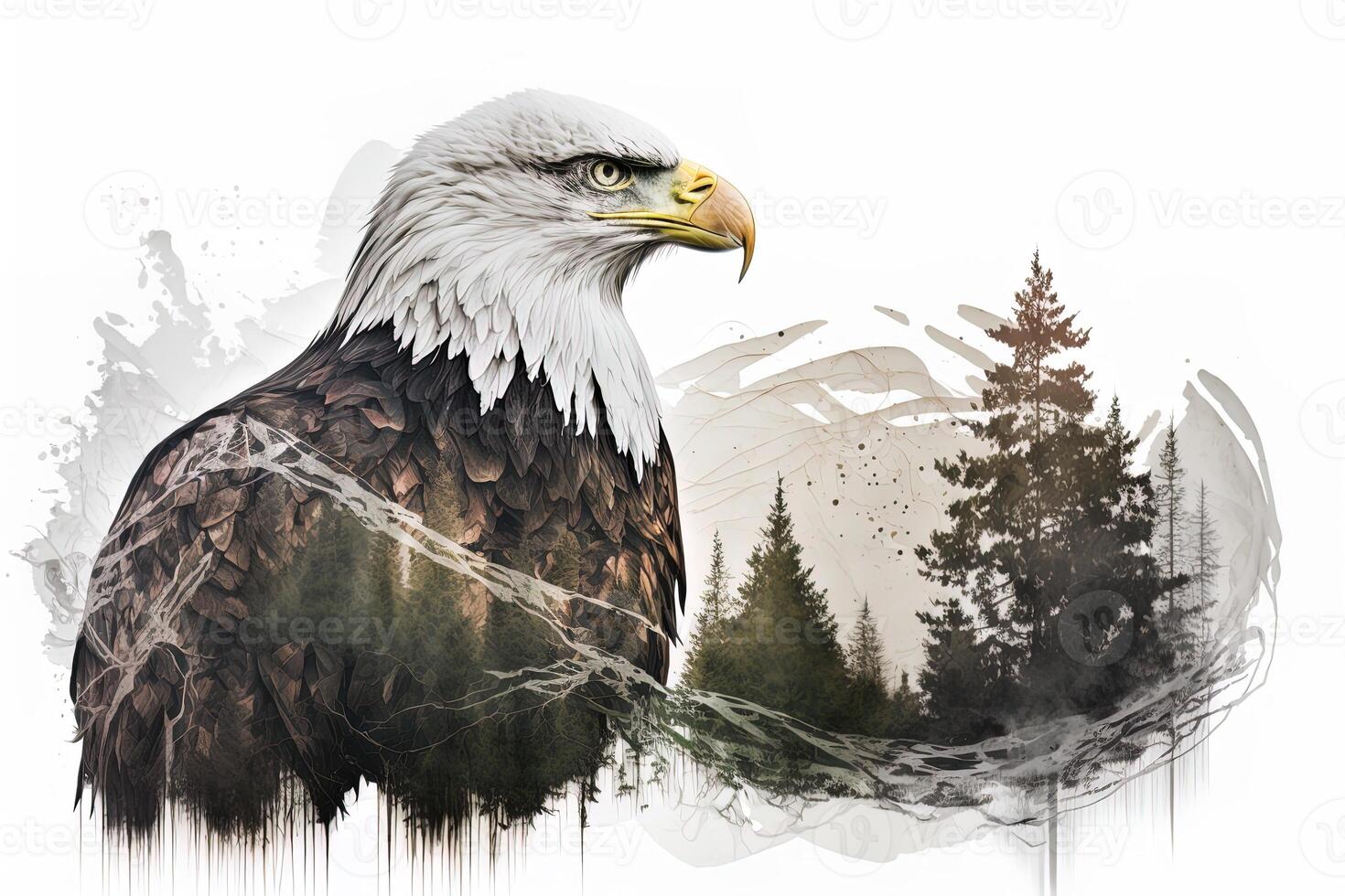 Bald eagle and the Pacific Northwest, double exposure photography. . Leader, courage, strong and brave, majestic lion. Scout photo