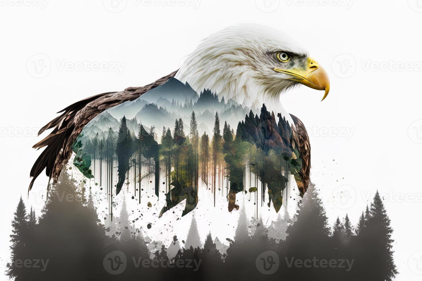 Bald eagle and the Pacific Northwest, double exposure photography. . Leader, courage, strong and brave, majestic lion. Scout photo