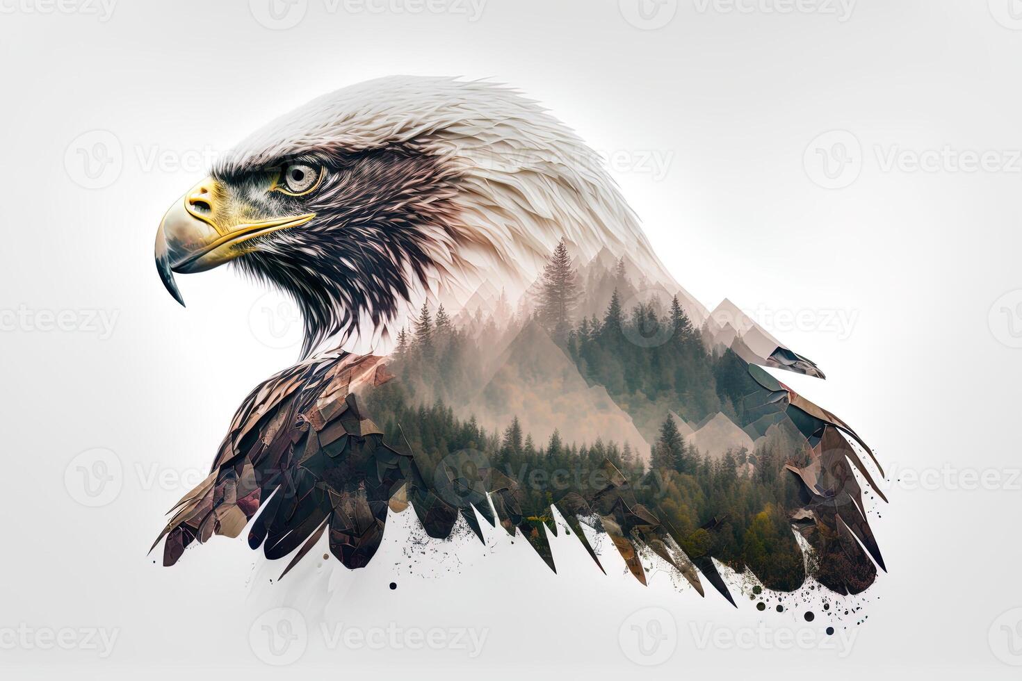 Bald eagle and the Pacific Northwest, double exposure photography. . Leader, courage, strong and brave, majestic lion. Scout photo