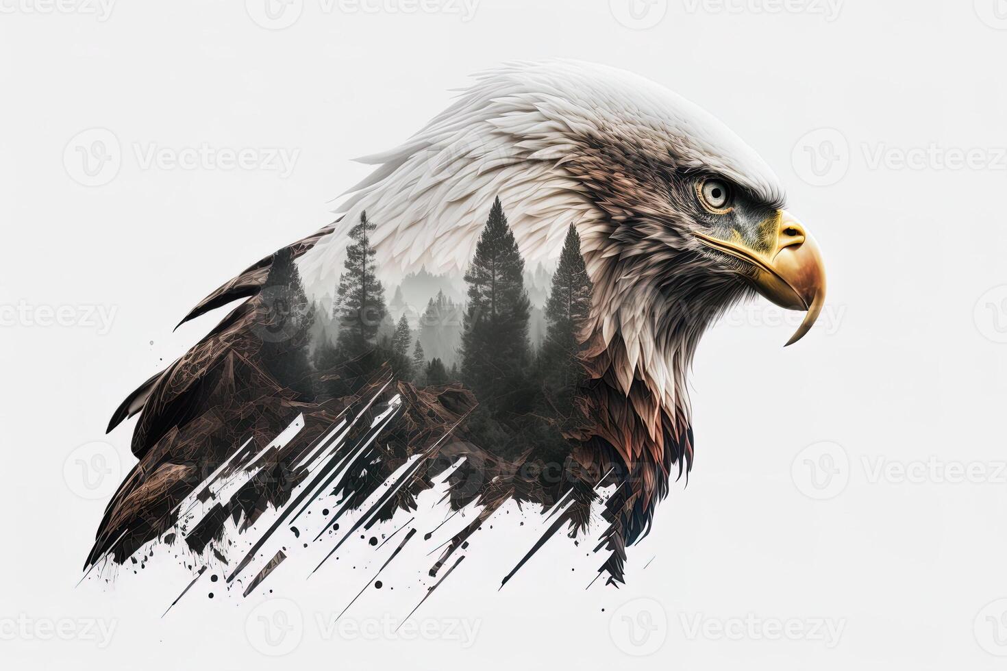 Bald eagle and the Pacific Northwest, double exposure photography. . Leader, courage, strong and brave, majestic lion. Scout photo