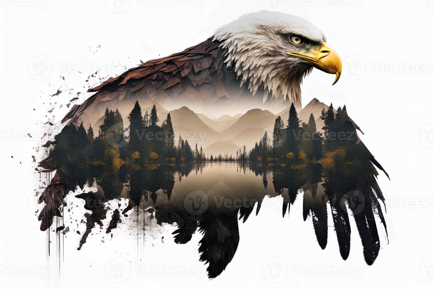 Bald eagle and the Pacific Northwest, double exposure photography. . Leader, courage, strong and brave, majestic lion. Scout photo