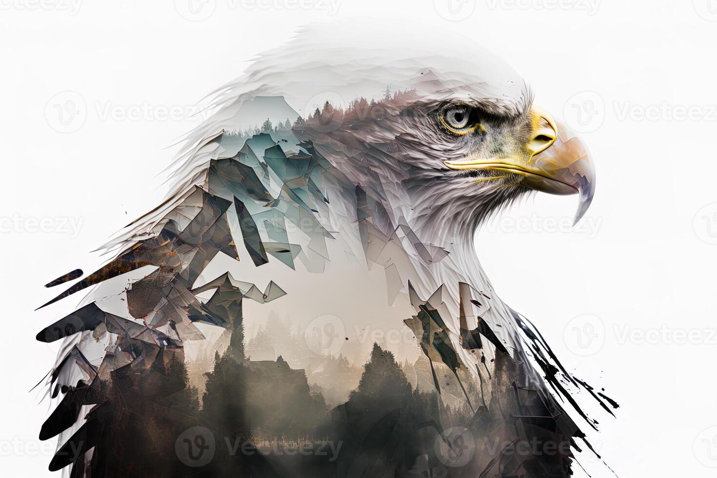 Bald eagle and the Pacific Northwest, double exposure photography. . Leader, courage, strong and brave, majestic lion. Scout photo