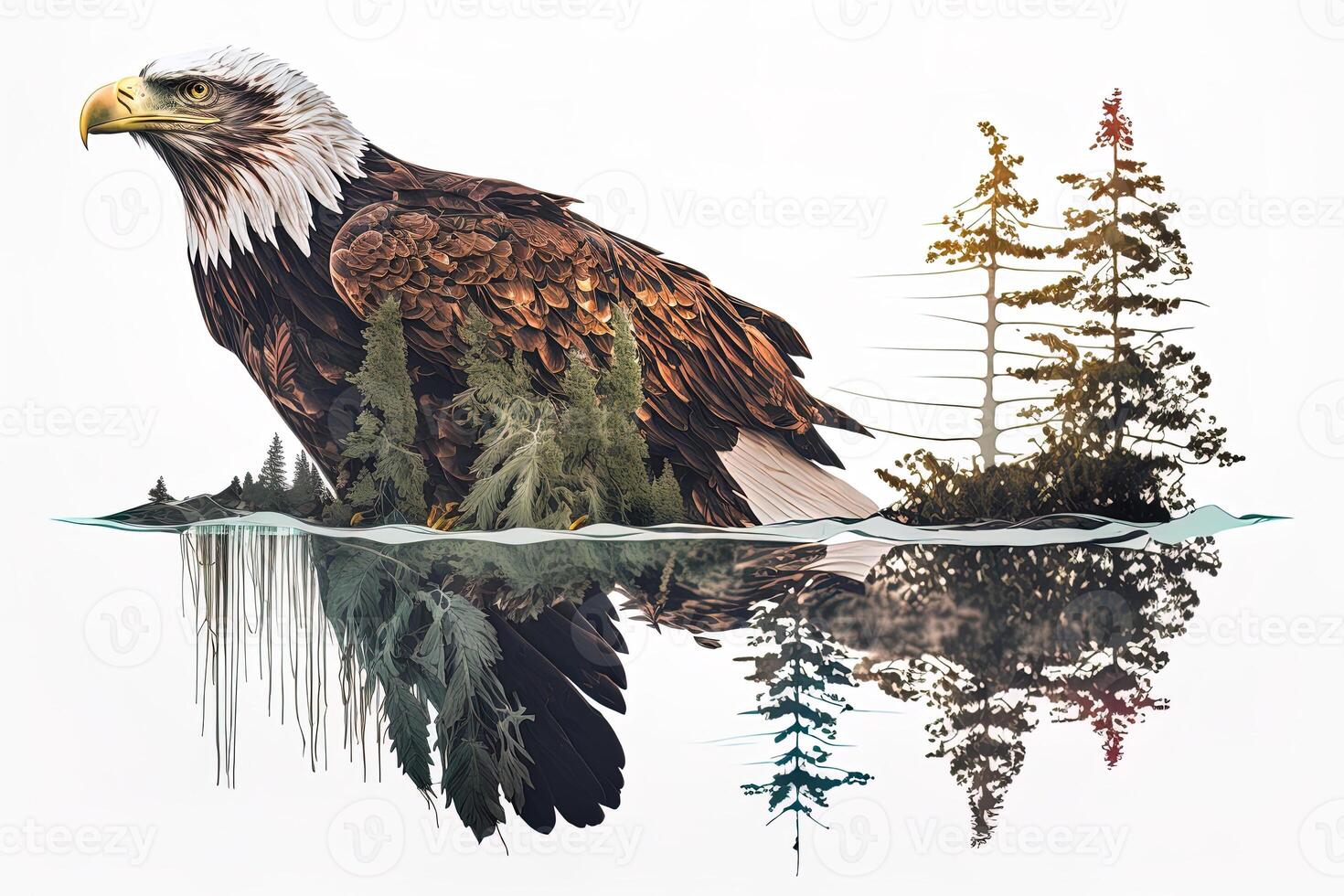 Bald eagle and the Pacific Northwest, double exposure photography. . Leader, courage, strong and brave, majestic lion. Scout photo