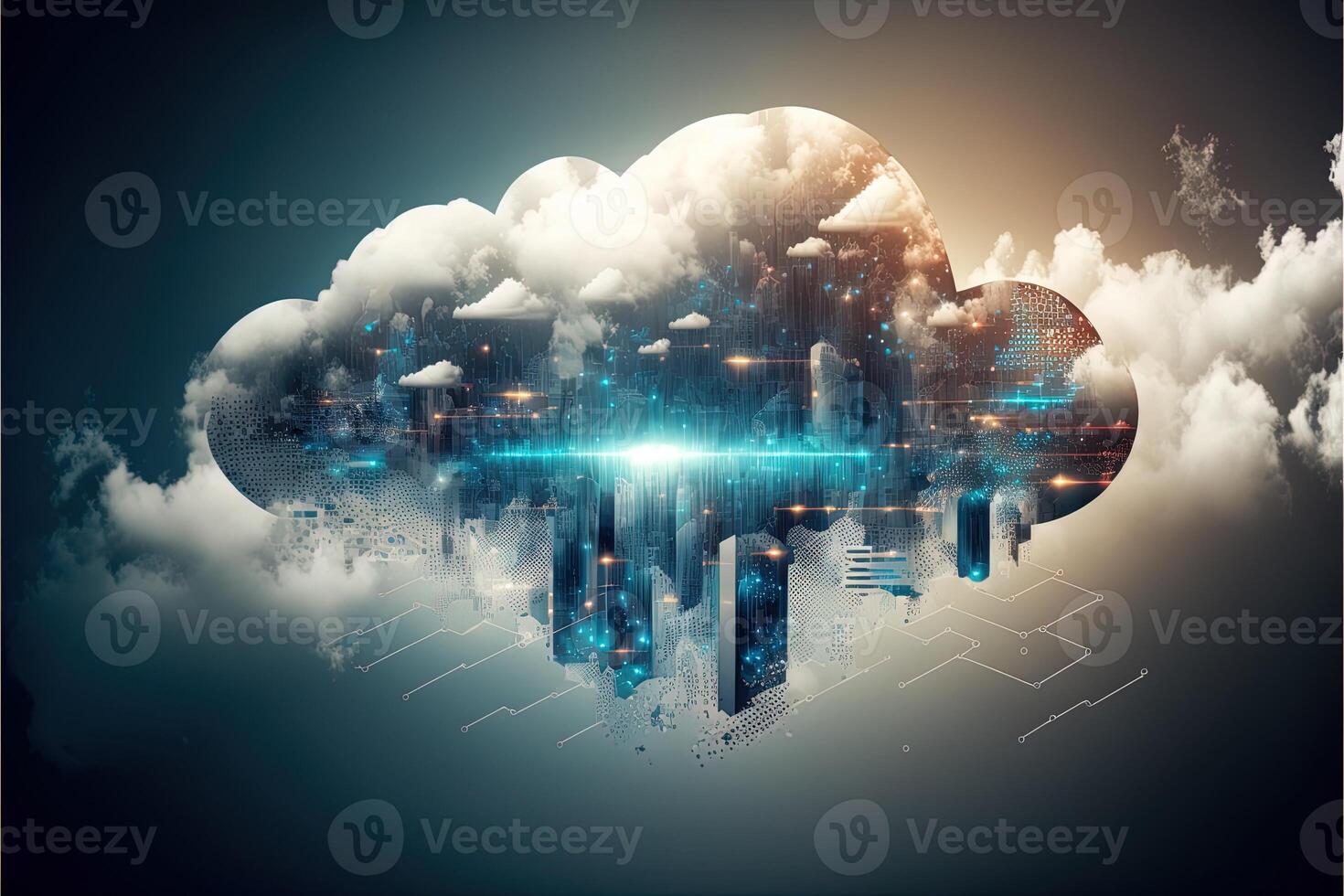 Cloud computing technology concept background, digital illustration, network effect .data transfer cloud computing technology concept. photo
