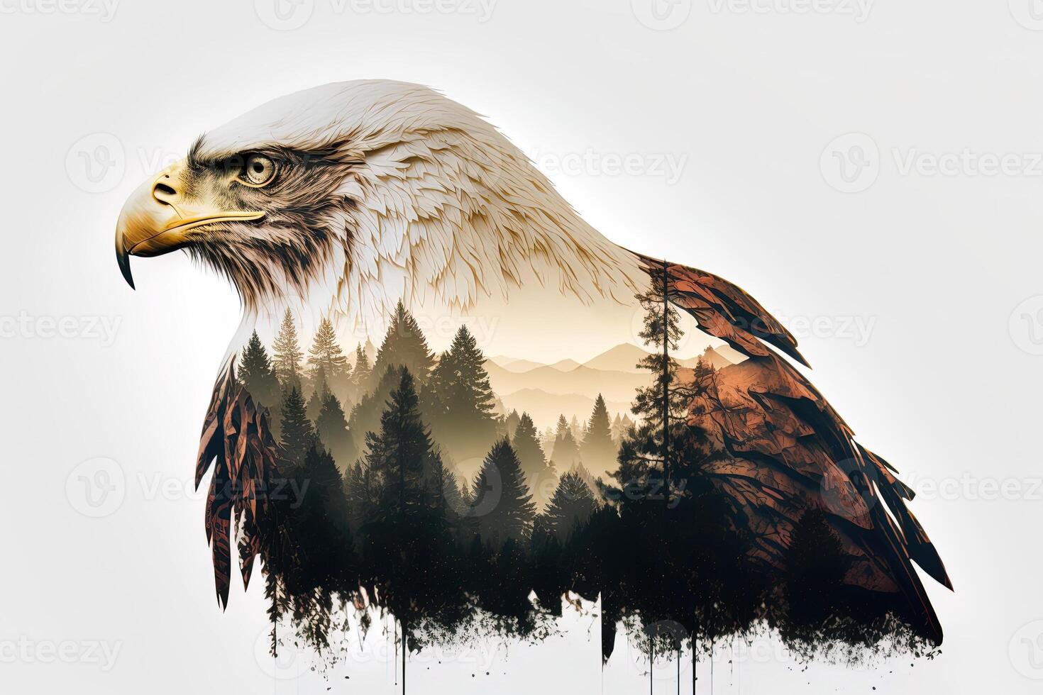 Bald eagle and the Pacific Northwest, double exposure photography. . Leader, courage, strong and brave, majestic lion. Scout photo