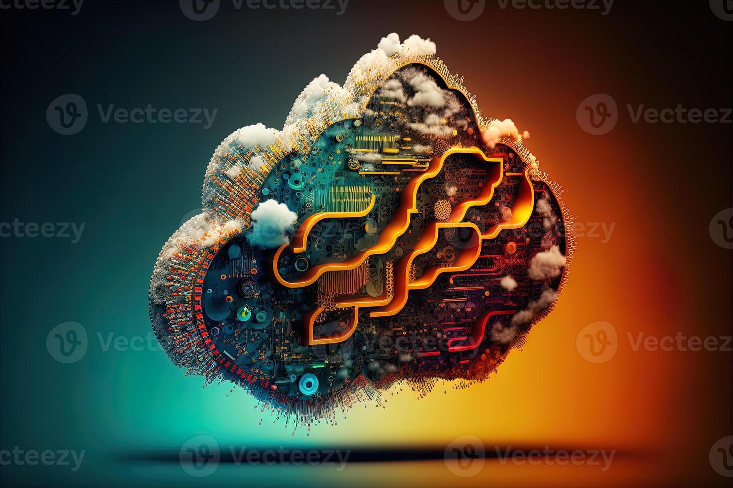 Cloud computing technology concept background, digital illustration, network effect .data transfer cloud computing technology concept. photo