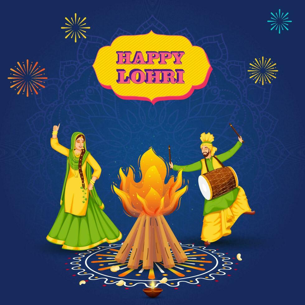 contento lohri celebracion concepto con punjabi mujer haciendo bhangra, hombre jugando dhol en frente de hoguera en azul mandala antecedentes. vector