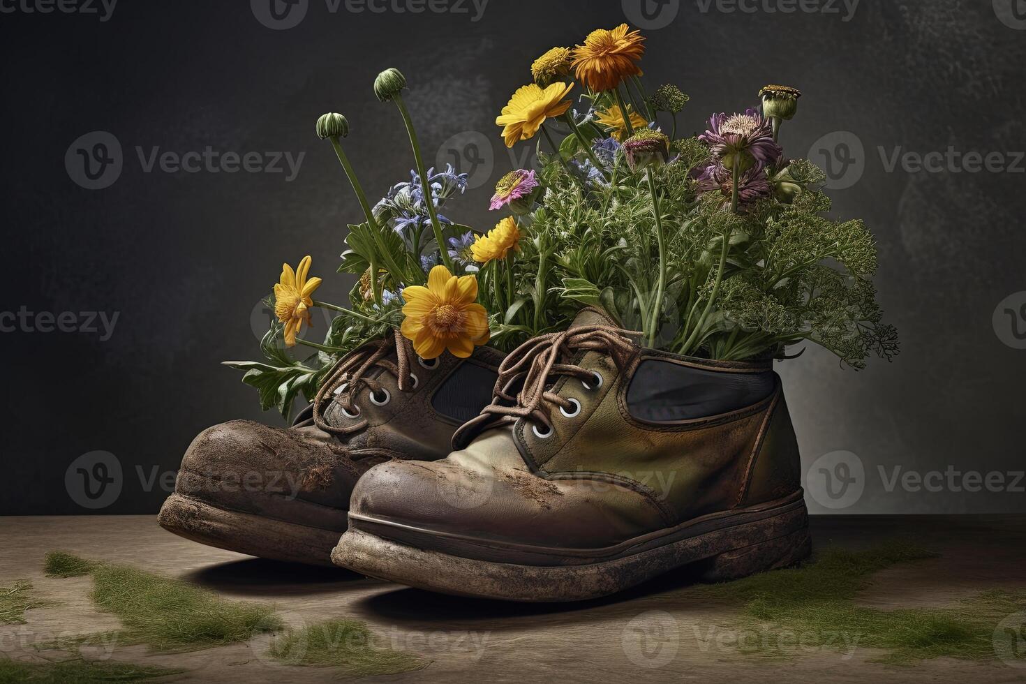 , Old boot with meadow spring flowers, handmade shoe planter. Environmental activism concept photo