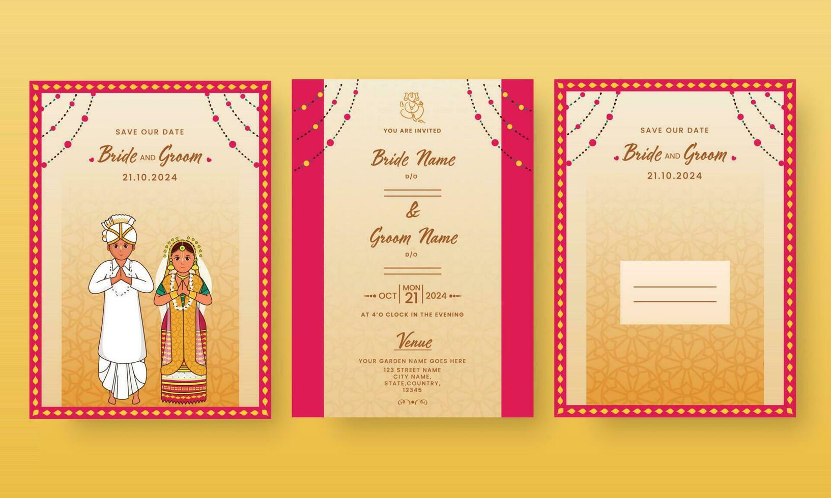 doble lado de Boda invitación tarjeta con indio Pareja saludo namaste y sobre ilustración en contra amarillo antecedentes. vector