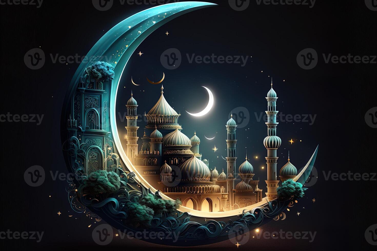 Islamic greeting Eid Mubarak cards for Muslim Holidays.Eid-Ul-Adha festival celebration.Arabic Ramadan Lantern . Crescent Islamic with mosque for Ramadan Kareem. photo