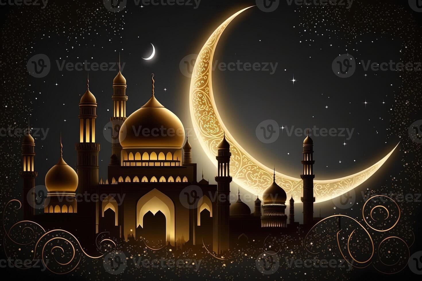 Islamic greeting Eid Mubarak cards for Muslim Holidays.Eid-Ul-Adha festival celebration.Arabic Ramadan Lantern . Crescent Islamic with mosque for Ramadan Kareem. photo