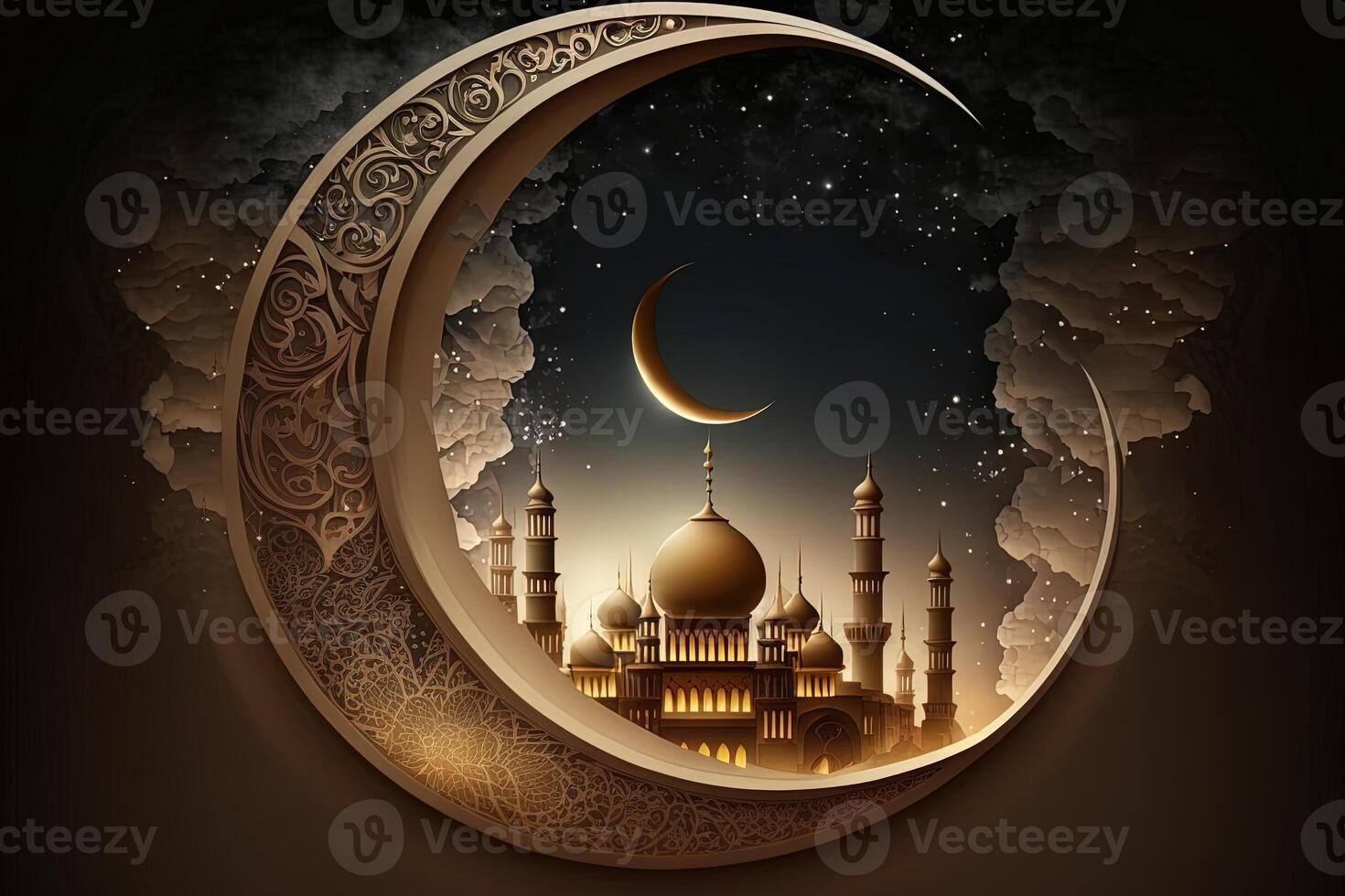 Islamic greeting Eid Mubarak cards for Muslim Holidays.Eid-Ul-Adha festival celebration.Arabic Ramadan Lantern . Crescent Islamic with mosque for Ramadan Kareem. photo