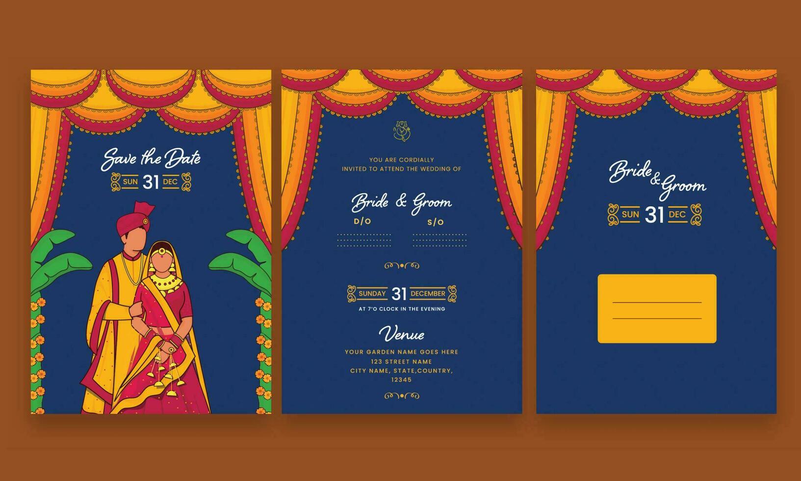 Double-Side Of Wedding Invitation Card Templates With Faceless Indian Couple In Traditional Attire And Envelope Illustration. vector