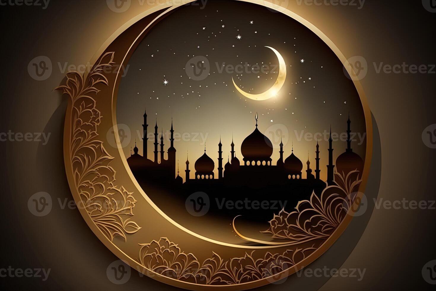 Islamic greeting Eid Mubarak cards for Muslim Holidays.Eid-Ul-Adha festival celebration.Arabic Ramadan Lantern . Crescent Islamic with mosque for Ramadan Kareem. photo
