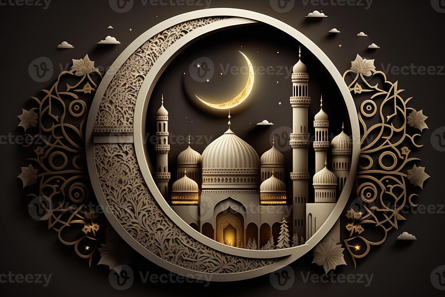 Islamic greeting Eid Mubarak cards for Muslim Holidays.Eid-Ul-Adha festival celebration.Arabic Ramadan Lantern . Crescent Islamic with mosque for Ramadan Kareem. photo