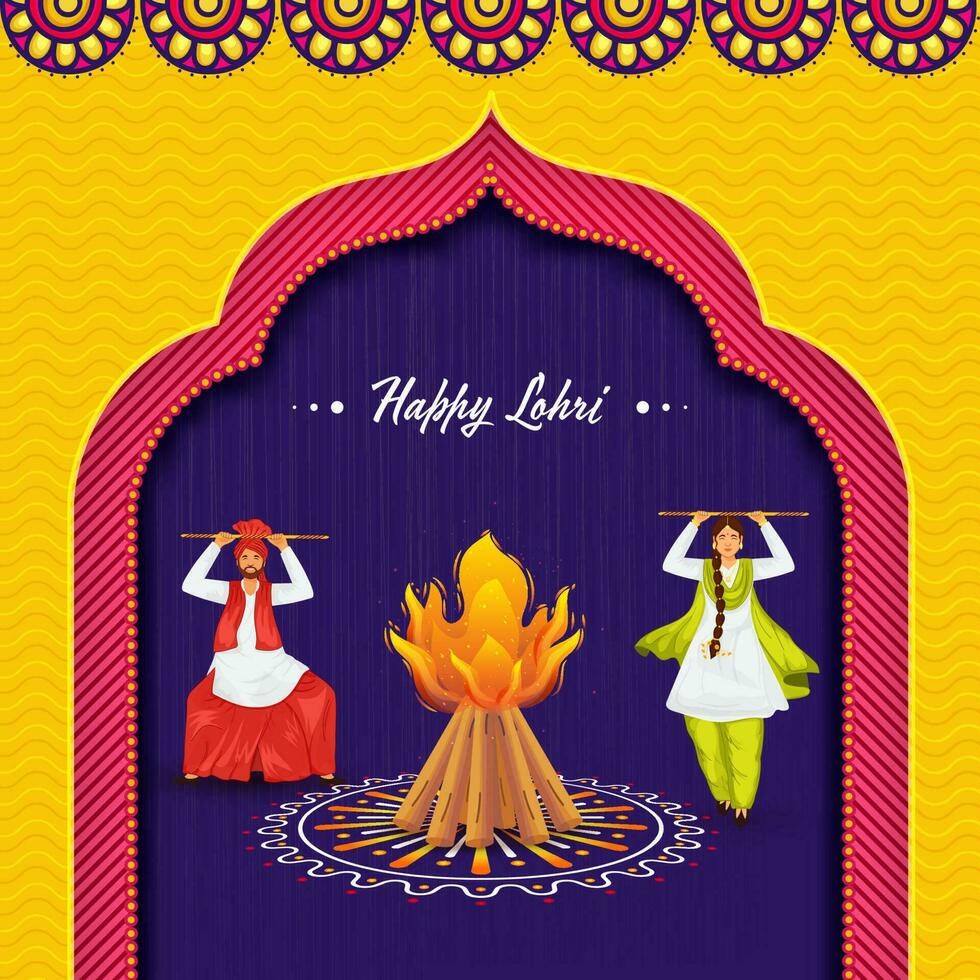 Punjabi Young Couple Performing Bhangra Dance With Khunda In Front Of Bonfire On Colorful Background For Happy Lohri Celebration Concept. vector