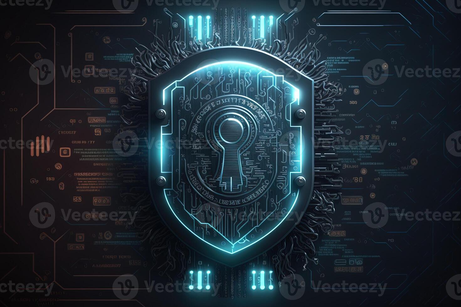 Cyber security information security and encryptions, , Cybersecurity illustration with high-tech padlock protecting a laptop computer and electronic online information symbols, graphics. photo