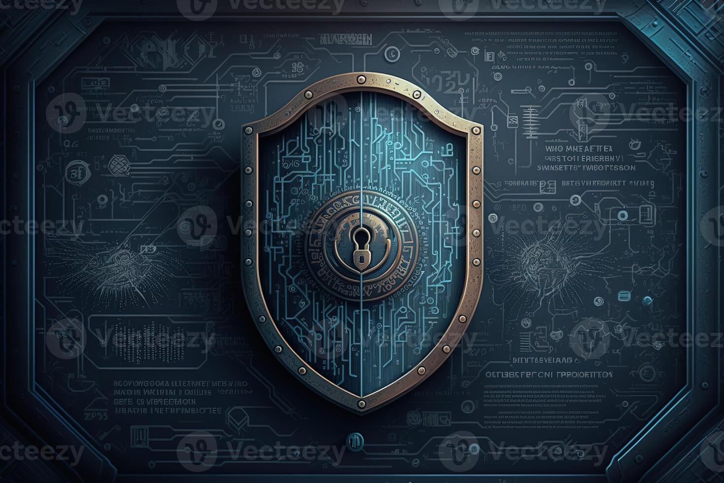 Cyber security information security and encryptions, , Cybersecurity illustration with high-tech padlock protecting a laptop computer and electronic online information symbols, graphics. photo