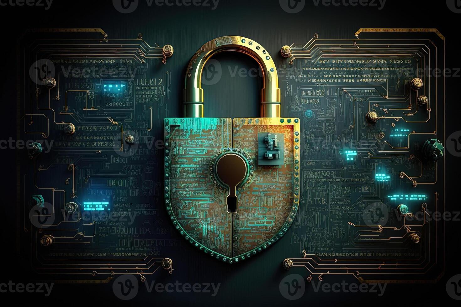Cyber security information security and encryptions, , Cybersecurity illustration with high-tech padlock protecting a laptop computer and electronic online information symbols, graphics. photo