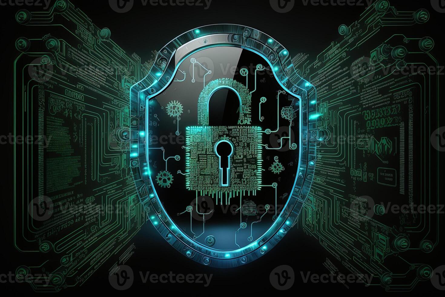 Cyber security information security and encryptions, , Cybersecurity illustration with high-tech padlock protecting a laptop computer and electronic online information symbols, graphics. photo