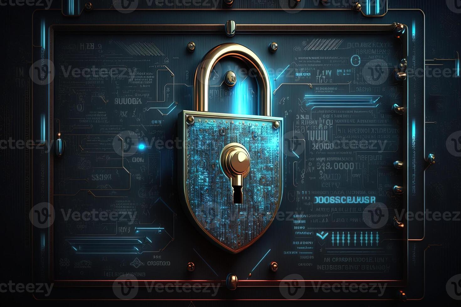 Cyber security information security and encryptions, , Cybersecurity illustration with high-tech padlock protecting a laptop computer and electronic online information symbols, graphics. photo