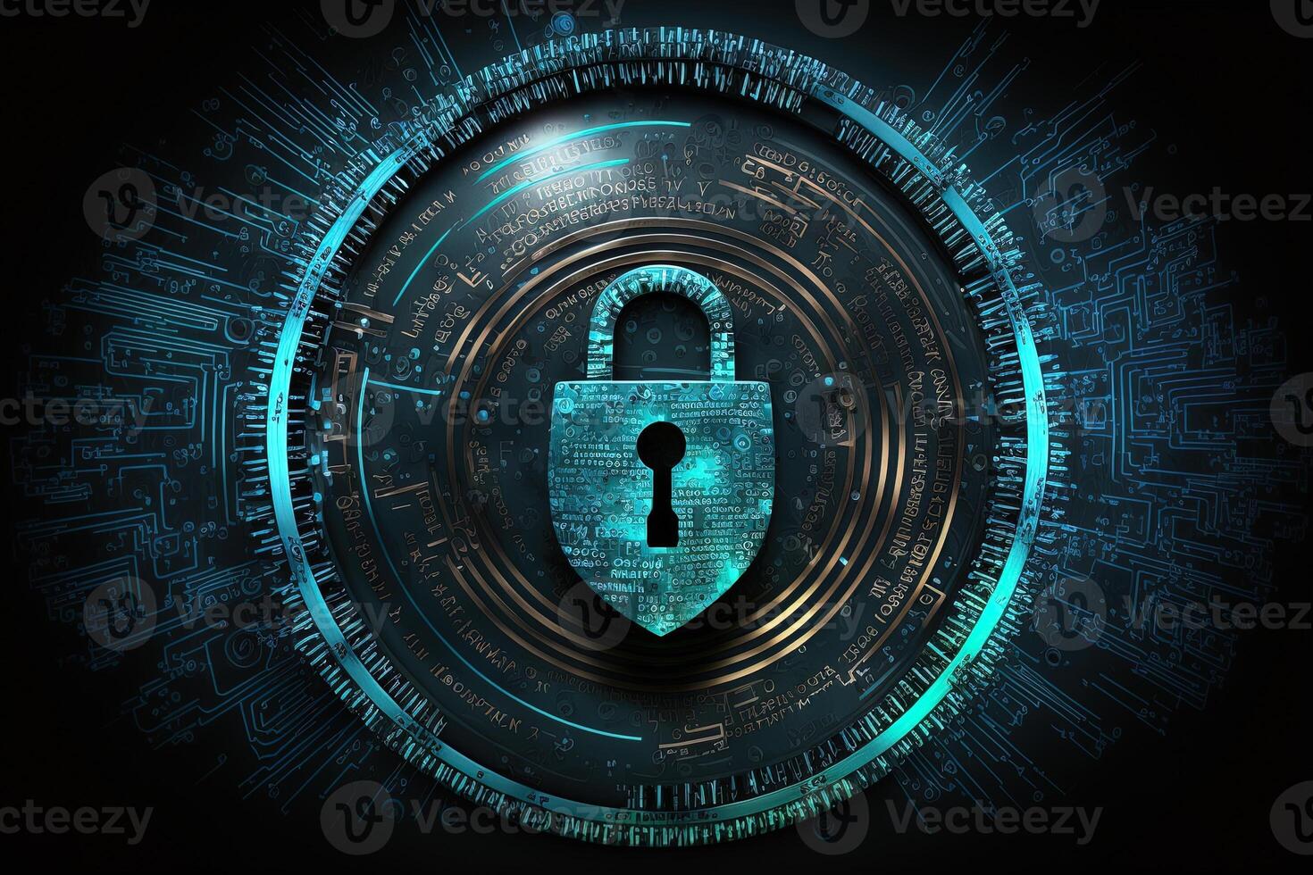 Cyber security information security and encryptions, , Cybersecurity illustration with high-tech padlock protecting a laptop computer and electronic online information symbols, graphics. photo