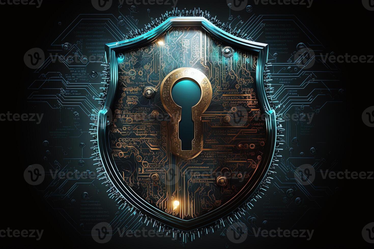 Cyber security information security and encryptions, , Cybersecurity illustration with high-tech padlock protecting a laptop computer and electronic online information symbols, graphics. photo