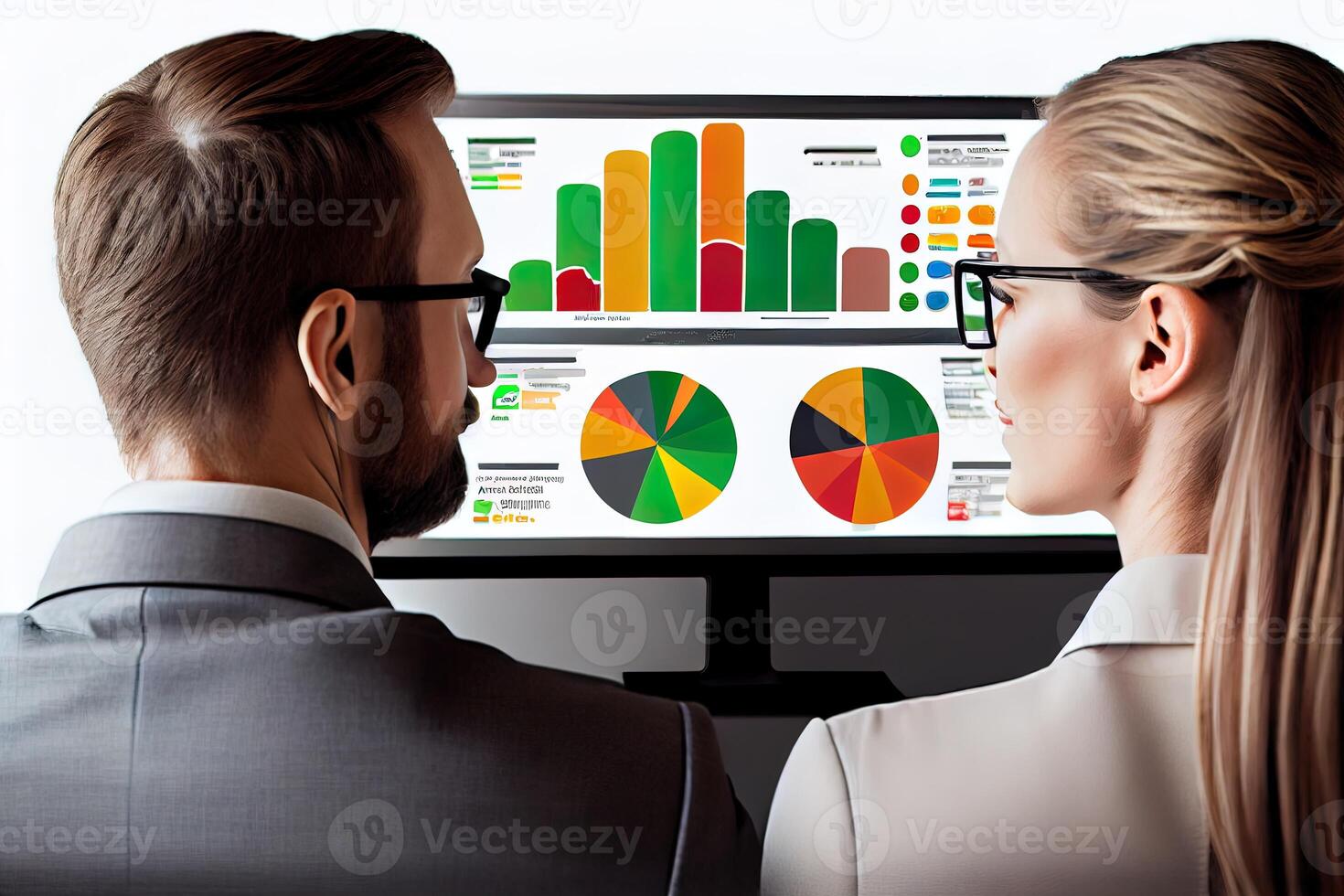 businessman and woman sitting in front of a computer screen, staring intently at their website's analytic dashboard, Show the website as a vibrant, media platforms, advertising channels. photo