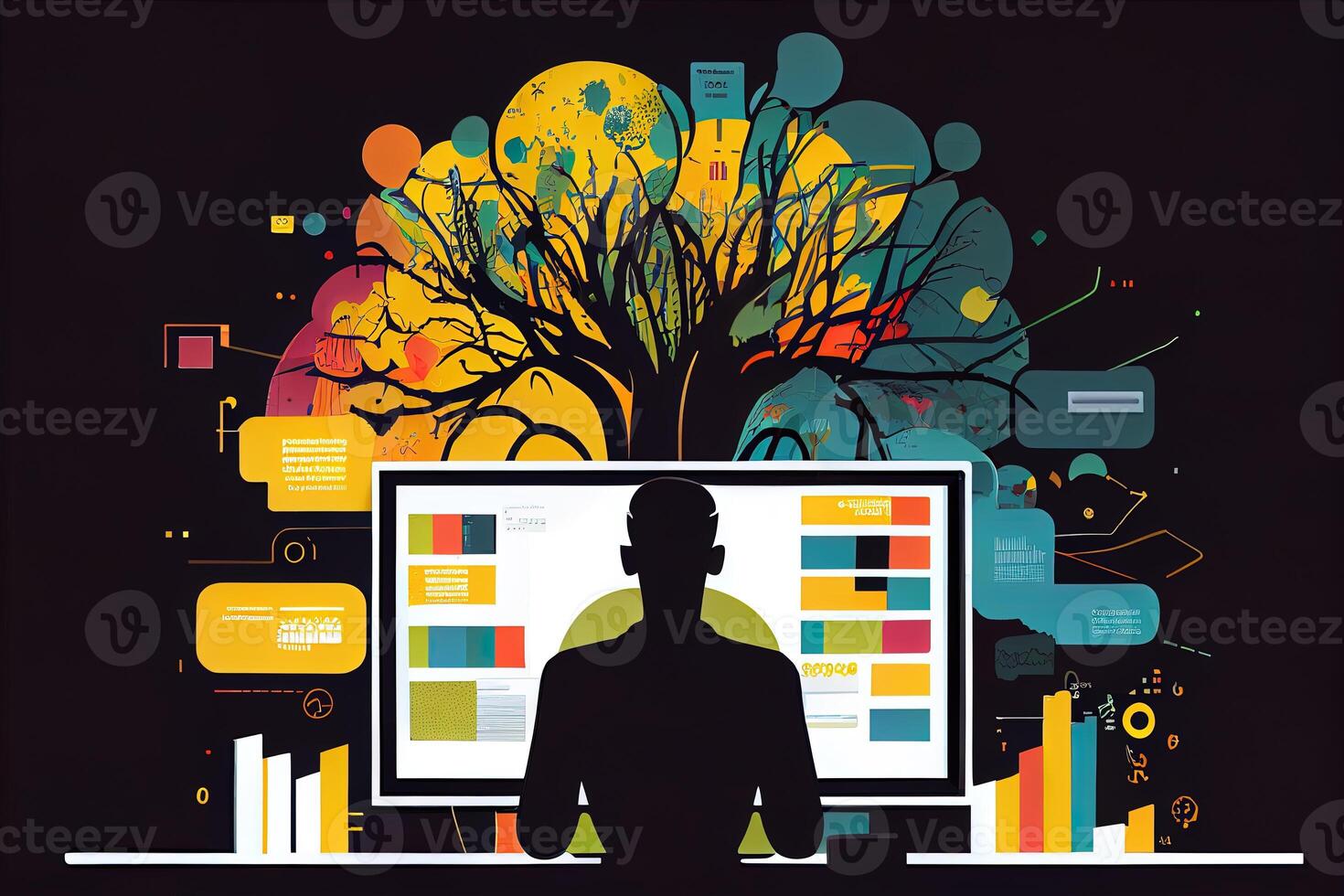 young businessman sitting in front of a computer screen, staring intently at their website's analytic dashboard, Show the website as a vibrant, media platforms, advertising channels. photo
