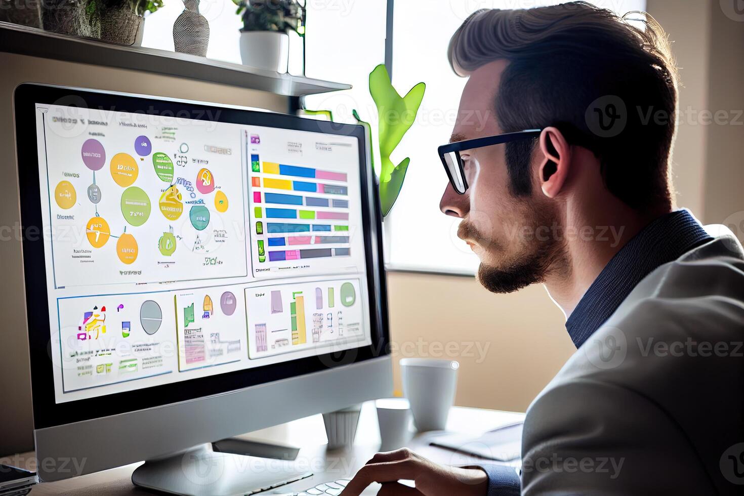 young businessman sitting in front of a computer screen, staring intently at their website's analytic dashboard, Show the website as a vibrant, media platforms, advertising channels. photo