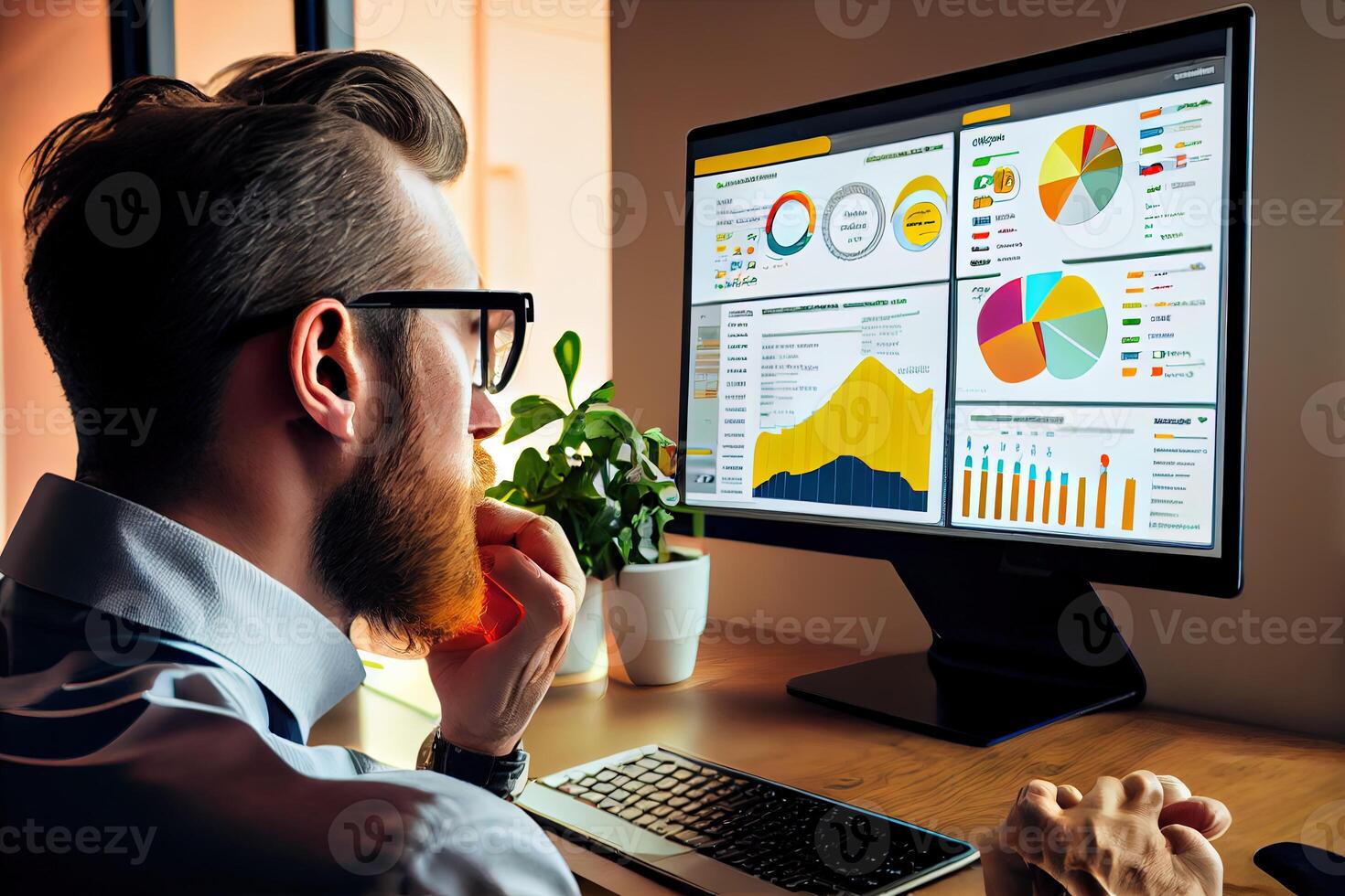 young businessman sitting in front of a computer screen, staring intently at their website's analytic dashboard, Show the website as a vibrant, media platforms, advertising channels. photo