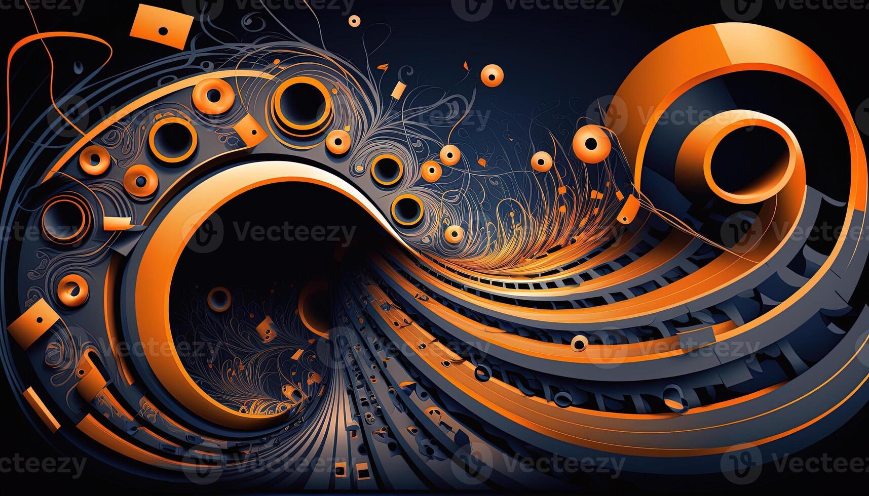 Background banner Music and sound with some technology, orange and dark blue color.Gold music notes and treble clef on line wave of sound tune. illustration template for music festival photo