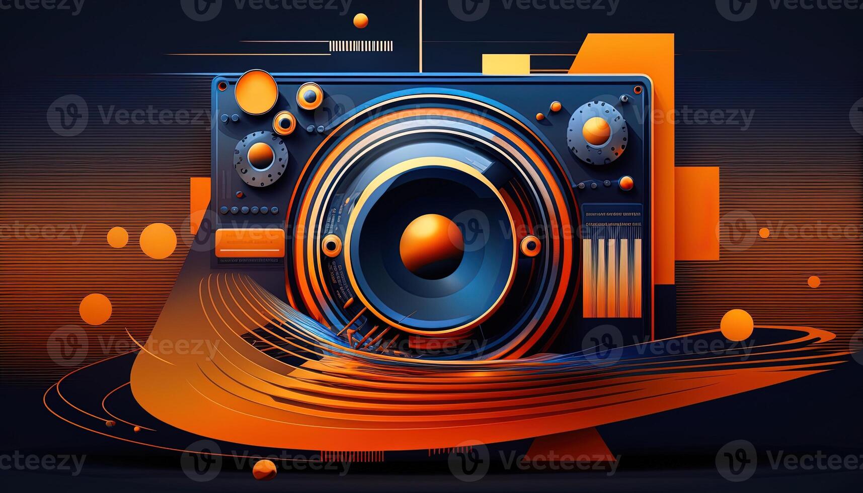 Background banner Music and sound with some technology, orange and dark blue color.Gold music notes and treble clef on line wave of sound tune. illustration template for music festival photo