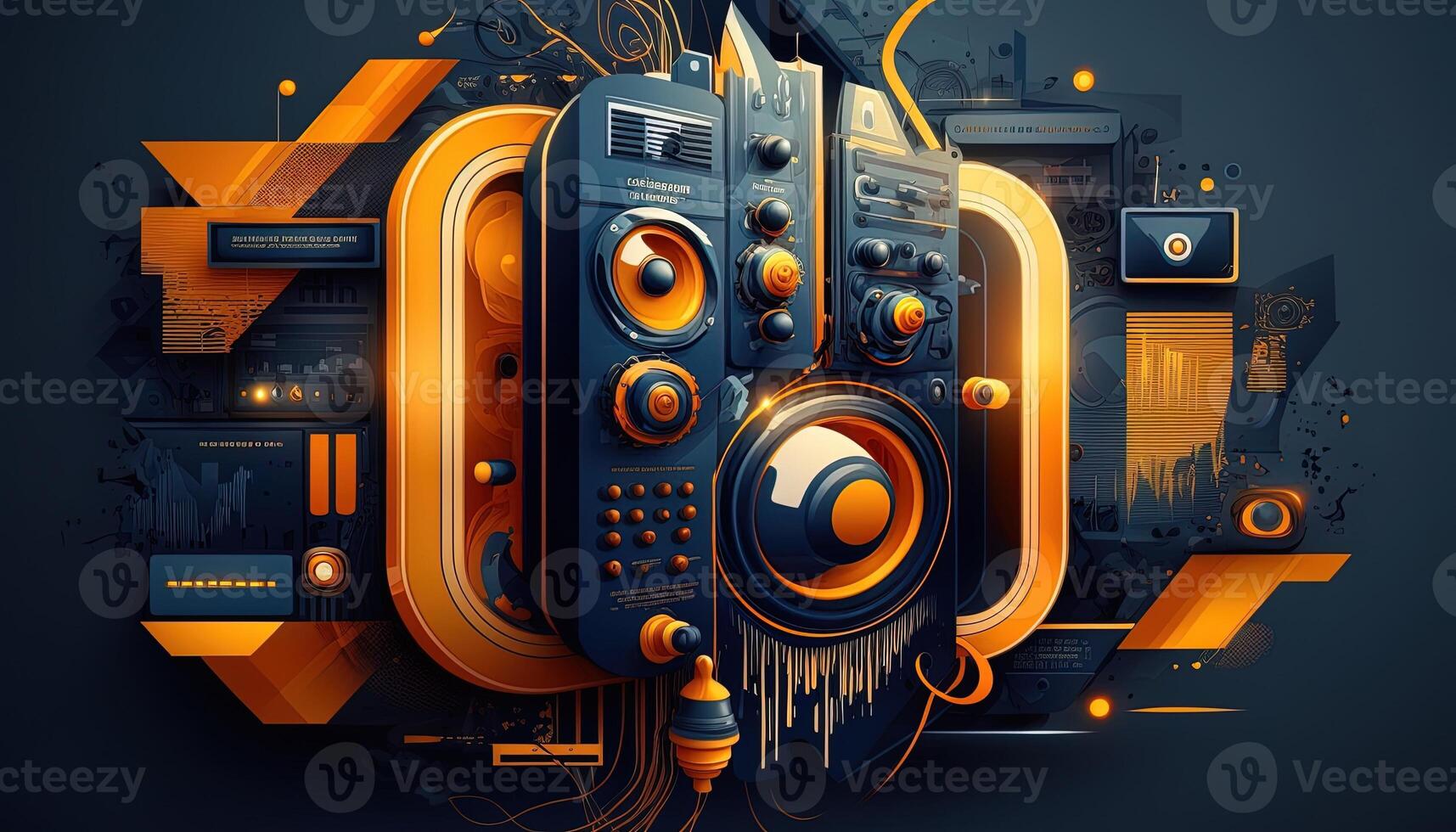 Background banner Music and sound with some technology, orange and dark blue color.Gold music notes and treble clef on line wave of sound tune. illustration template for music festival photo