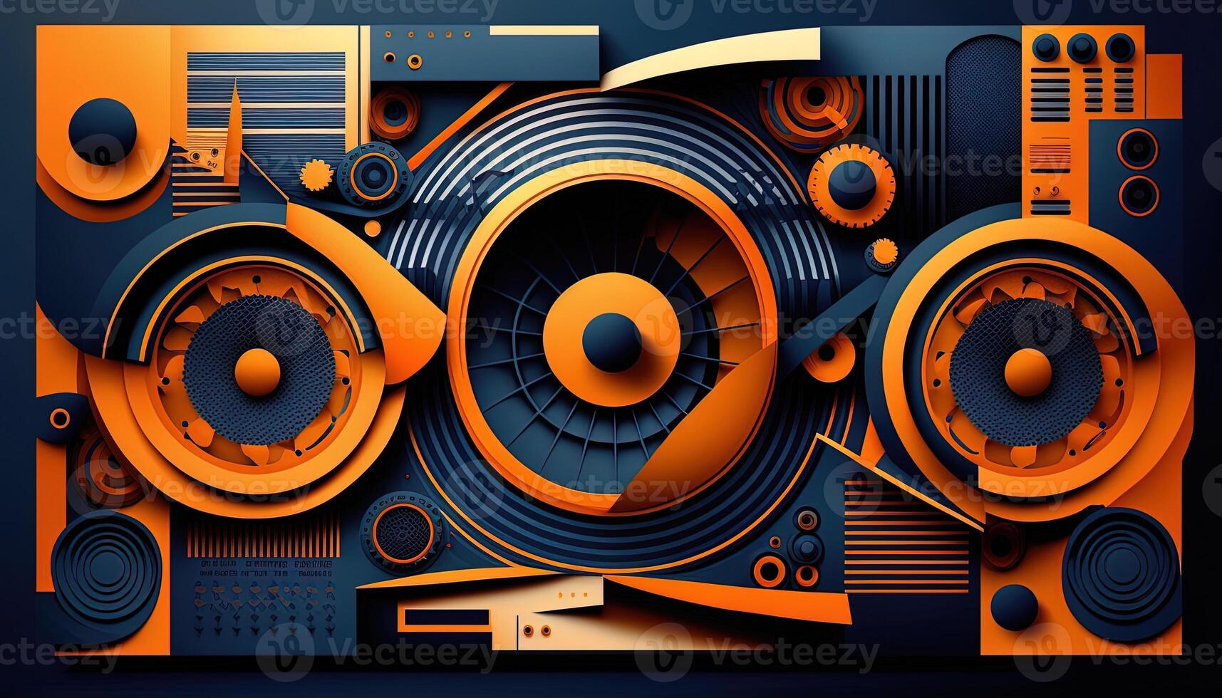 Background banner Music and sound with some technology, orange and dark blue color.Gold music notes and treble clef on line wave of sound tune. illustration template for music festival photo