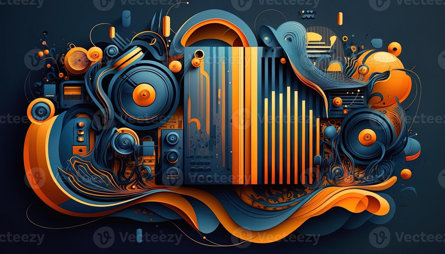 Background banner Music and sound with some technology, orange and dark blue color.Gold music notes and treble clef on line wave of sound tune. illustration template for music festival photo