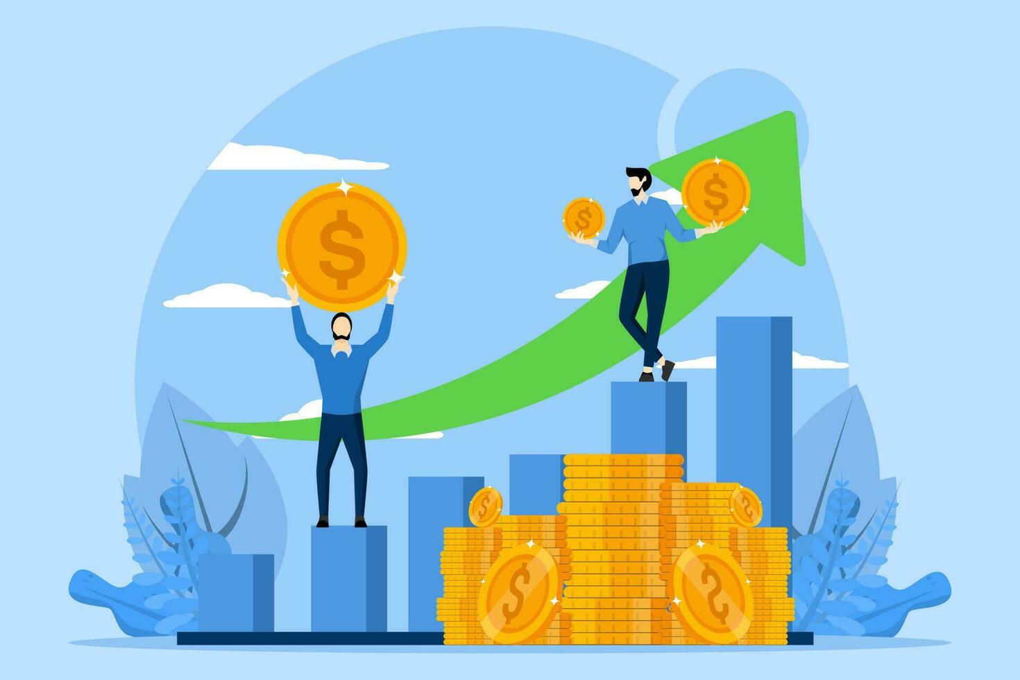 success concept, success in investment, Successful businessman holding coin in graph,On the road to success,Positive thinking and successful achievement, flat vector illustration on blue background.