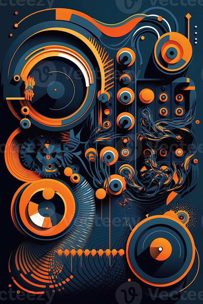 Background banner Music and sound with some technology, orange and dark blue color.Gold music notes and treble clef on line wave of sound tune. illustration template for music festival photo