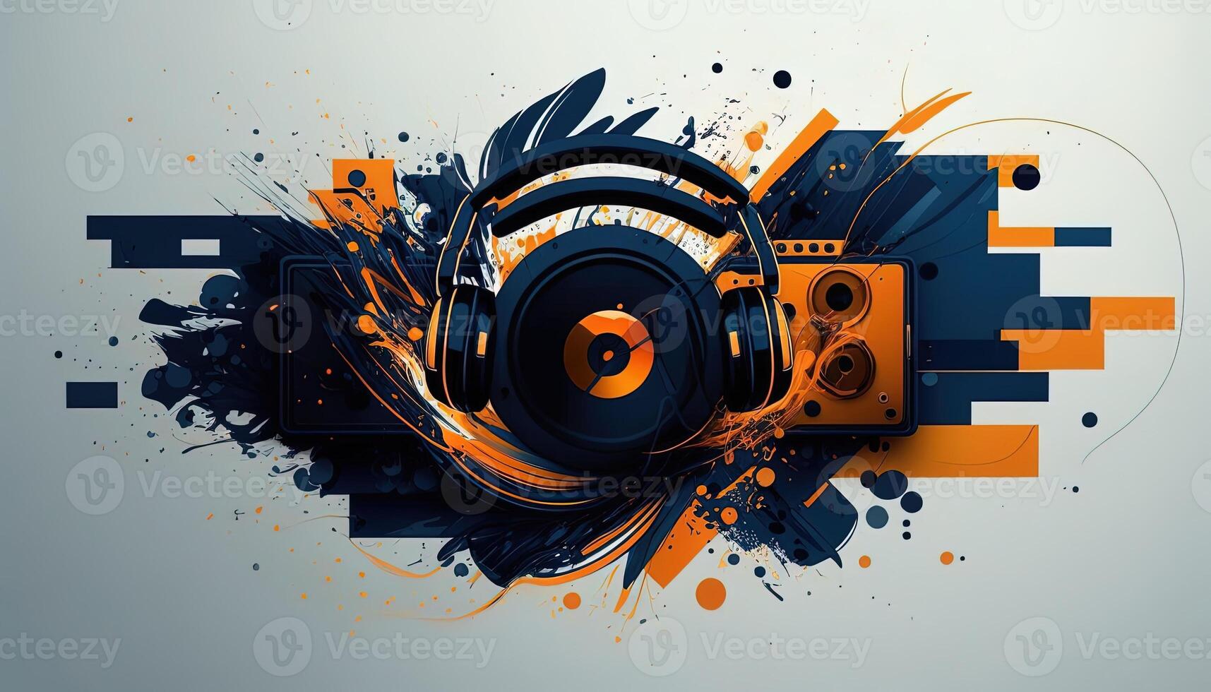 generativo ai antecedentes bandera música y sonido con algunos tecnología, naranja y oscuro azul color.oro música notas y triplicar clave en línea ola de sonido melodía. ilustración modelo para música festival foto