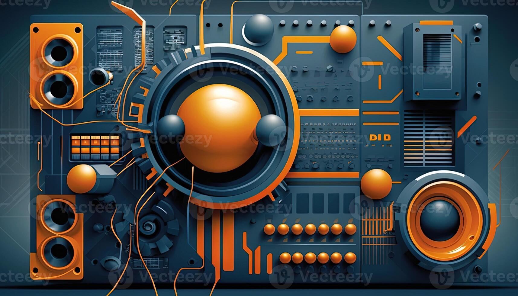 Background banner Music and sound with some technology, orange and dark blue color.Gold music notes and treble clef on line wave of sound tune. illustration template for music festival photo