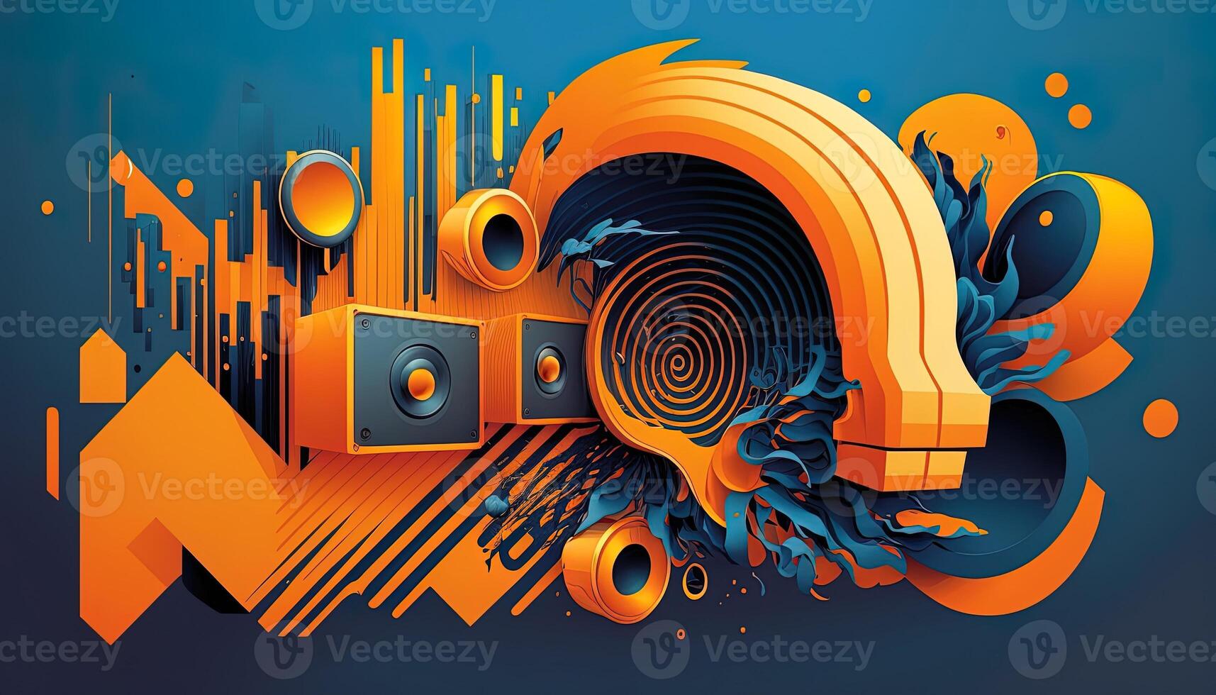 Background banner Music and sound with some technology, orange and dark blue color.Gold music notes and treble clef on line wave of sound tune. illustration template for music festival photo