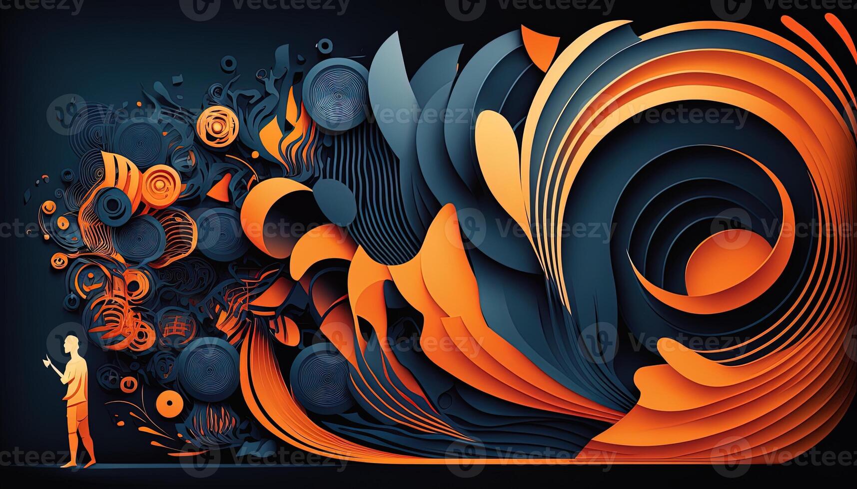 Background banner Music and sound with some technology, orange and dark blue color.Gold music notes and treble clef on line wave of sound tune. illustration template for music festival photo