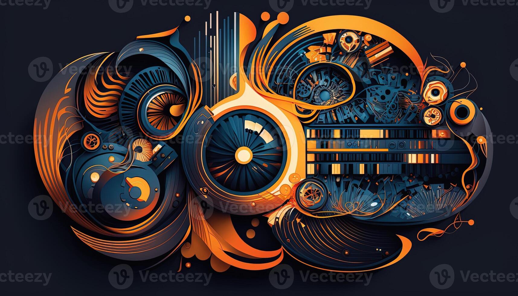 Background banner Music and sound with some technology, orange and dark blue color.Gold music notes and treble clef on line wave of sound tune. illustration template for music festival photo