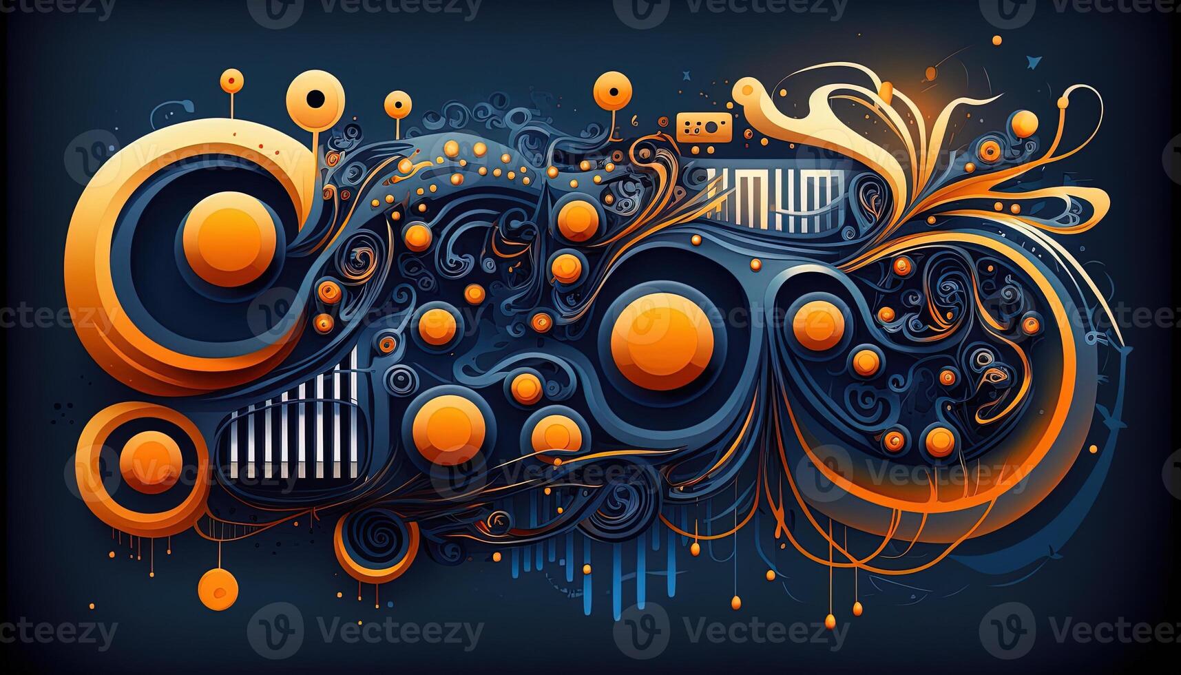 Background banner Music and sound with some technology, orange and dark blue color.Gold music notes and treble clef on line wave of sound tune. illustration template for music festival photo
