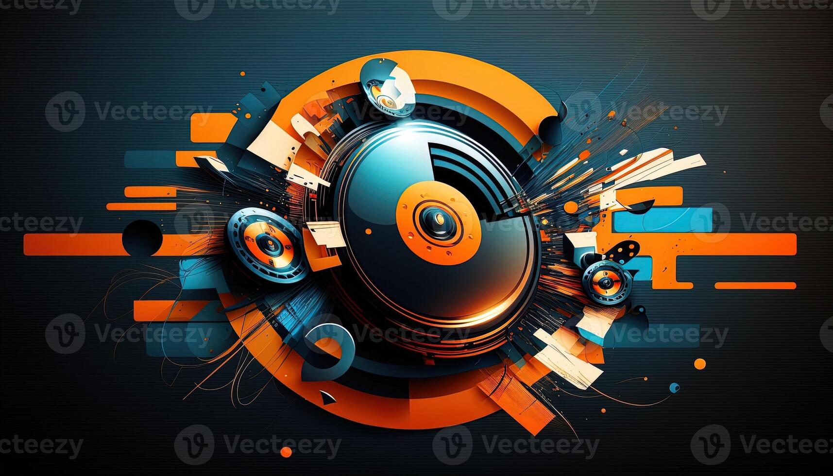 Background banner Music and sound with some technology, orange and dark blue color.Gold music notes and treble clef on line wave of sound tune. illustration template for music festival photo