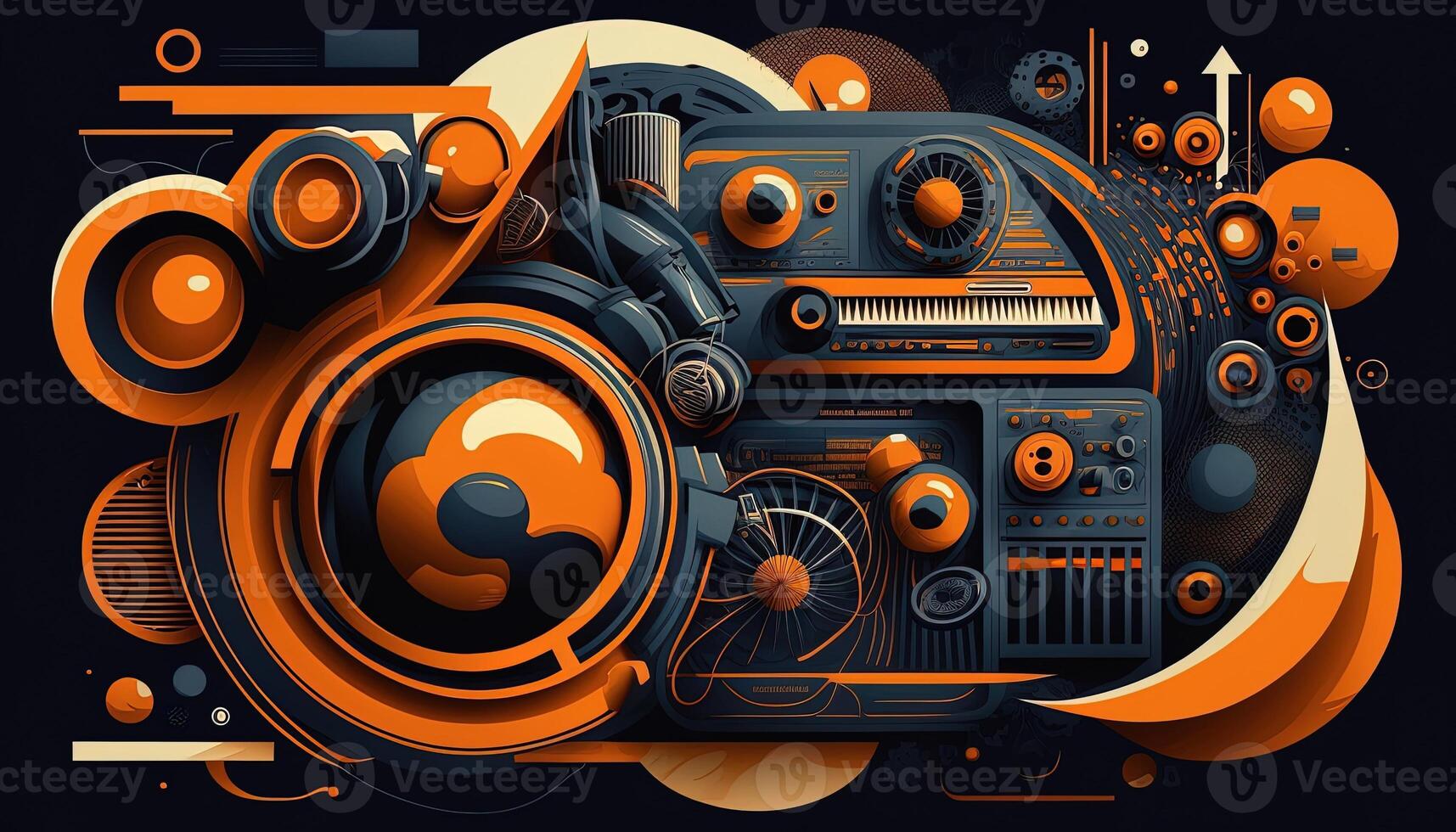 Background banner Music and sound with some technology, orange and dark blue color.Gold music notes and treble clef on line wave of sound tune. illustration template for music festival photo